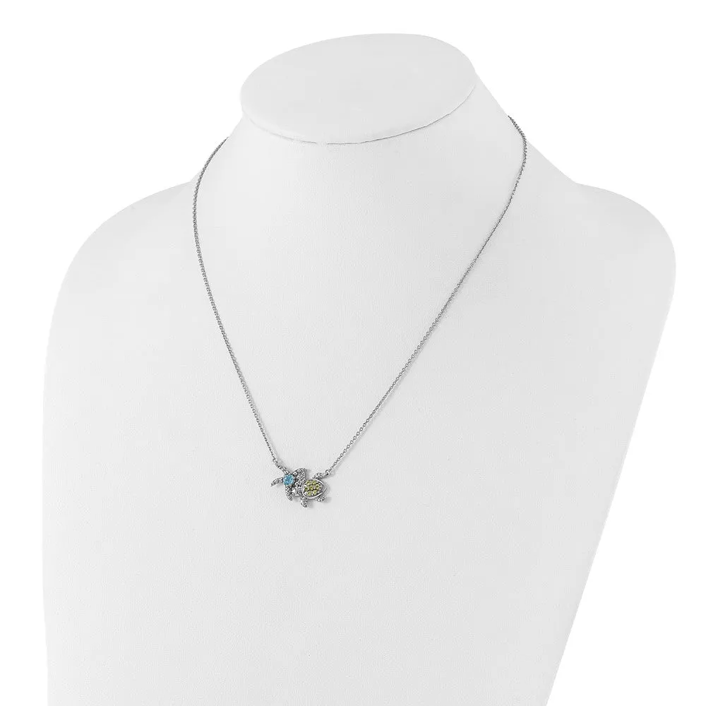 Sterling Silver Genuine Peridot and Light Swiss Blue Topaz Turtle Starfish Necklace