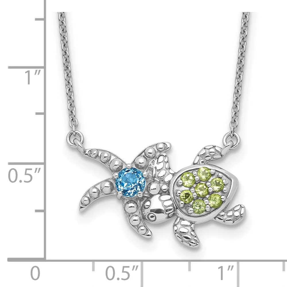 Sterling Silver Genuine Peridot and Light Swiss Blue Topaz Turtle Starfish Necklace