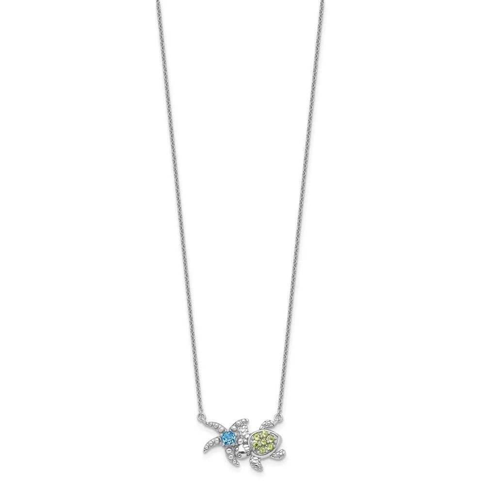 Sterling Silver Genuine Peridot and Light Swiss Blue Topaz Turtle Starfish Necklace