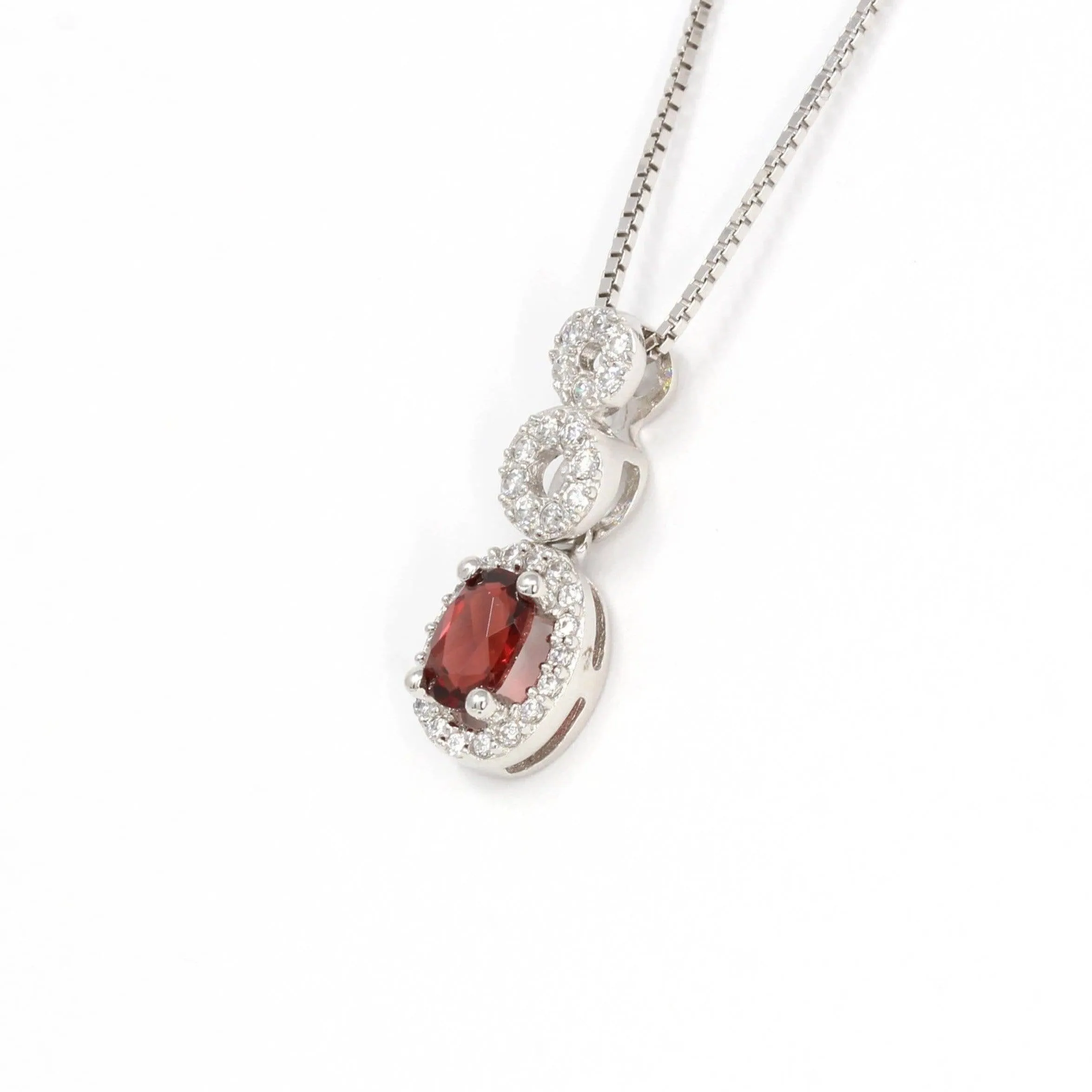 Sterling Silver Natural Oval Garnet Necklace With CZ