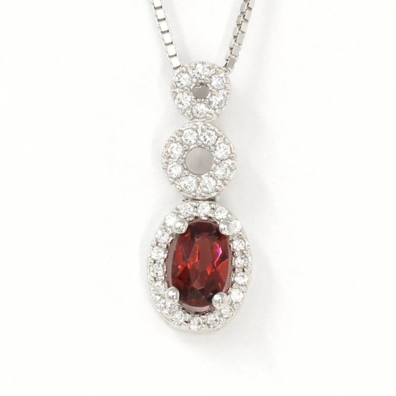 Sterling Silver Natural Oval Garnet Necklace With CZ