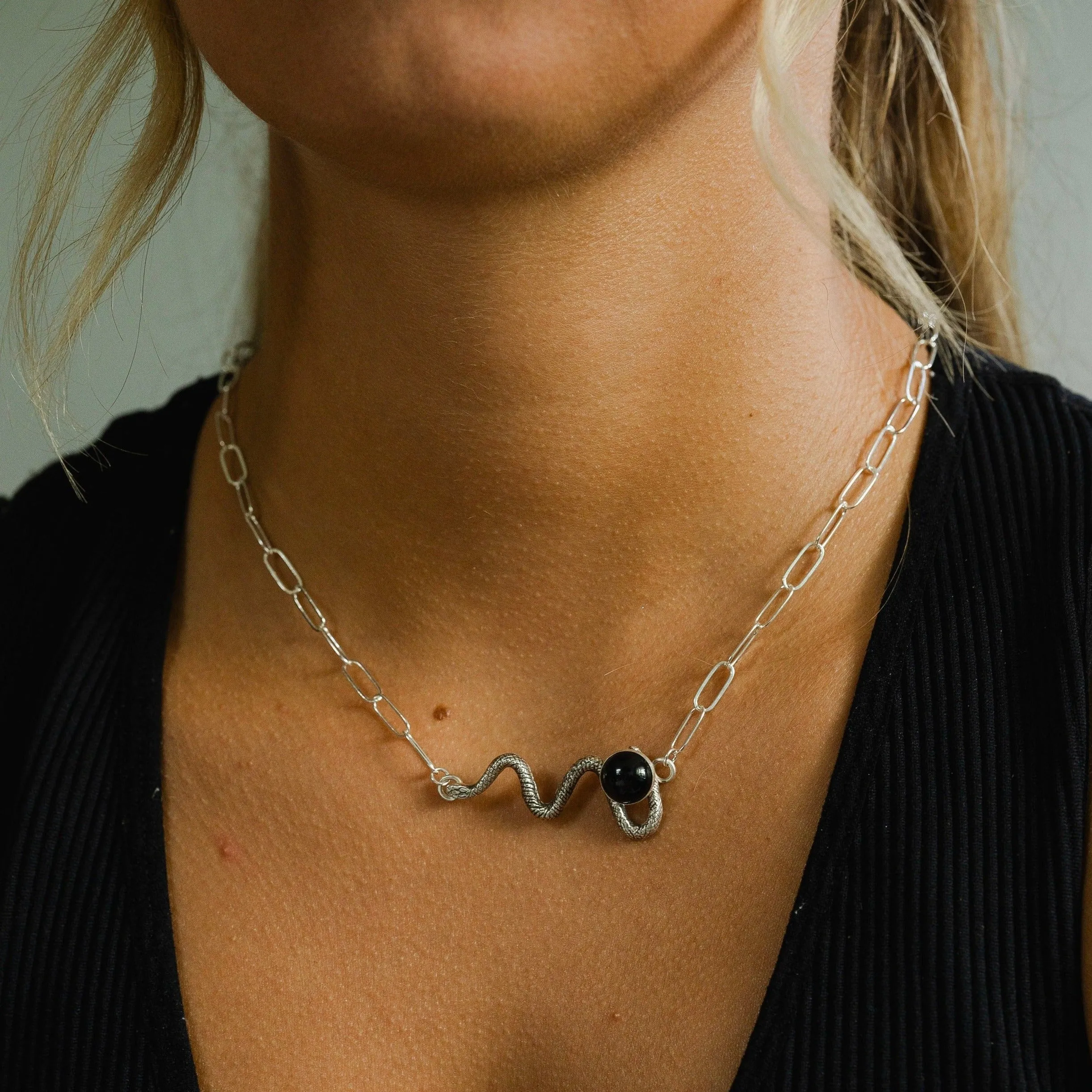 Sterling Silver Onyx Snake Necklace