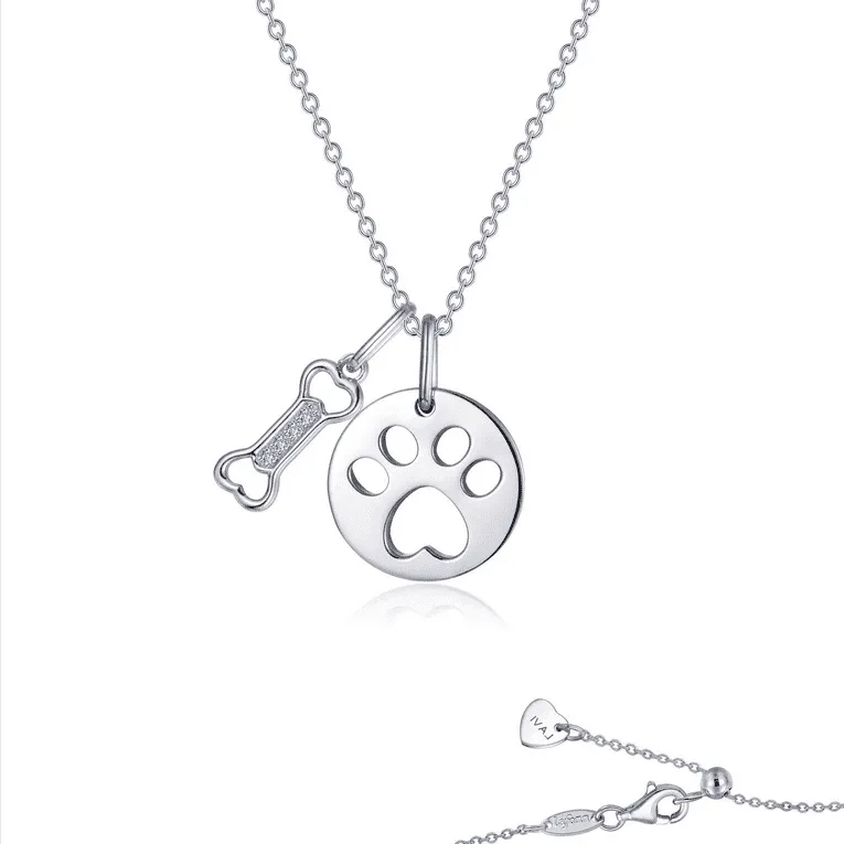 Sterling Silver Simulated Diamond Paw Print & Bone Necklace