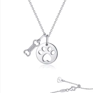 Sterling Silver Simulated Diamond Paw Print & Bone Necklace