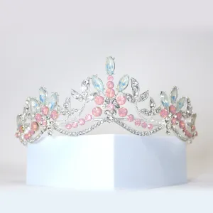 Swarovski Crystal Something Blue Opal And Pink Floral Leaves Tiara , Bridal Tiara, Crystal Wedding Tiara, Crystal Wedding Crown, Tiara Bride