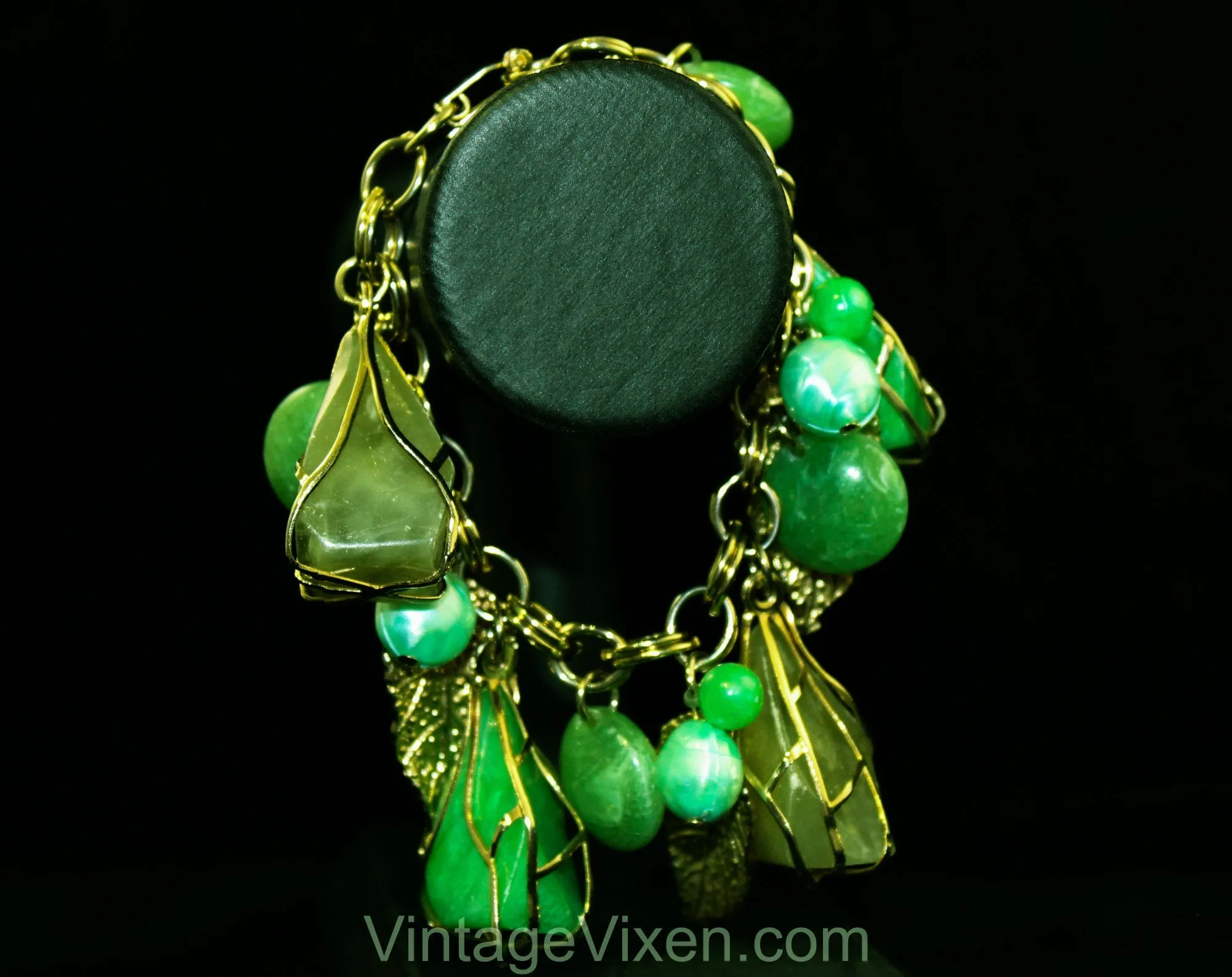 Terrific 1960s Green Charm Bracelet - Cage Style Beads & Jade Plastic Baubles - Goldtone Metal - Secretary Style - Chunky Metal 60s Fad