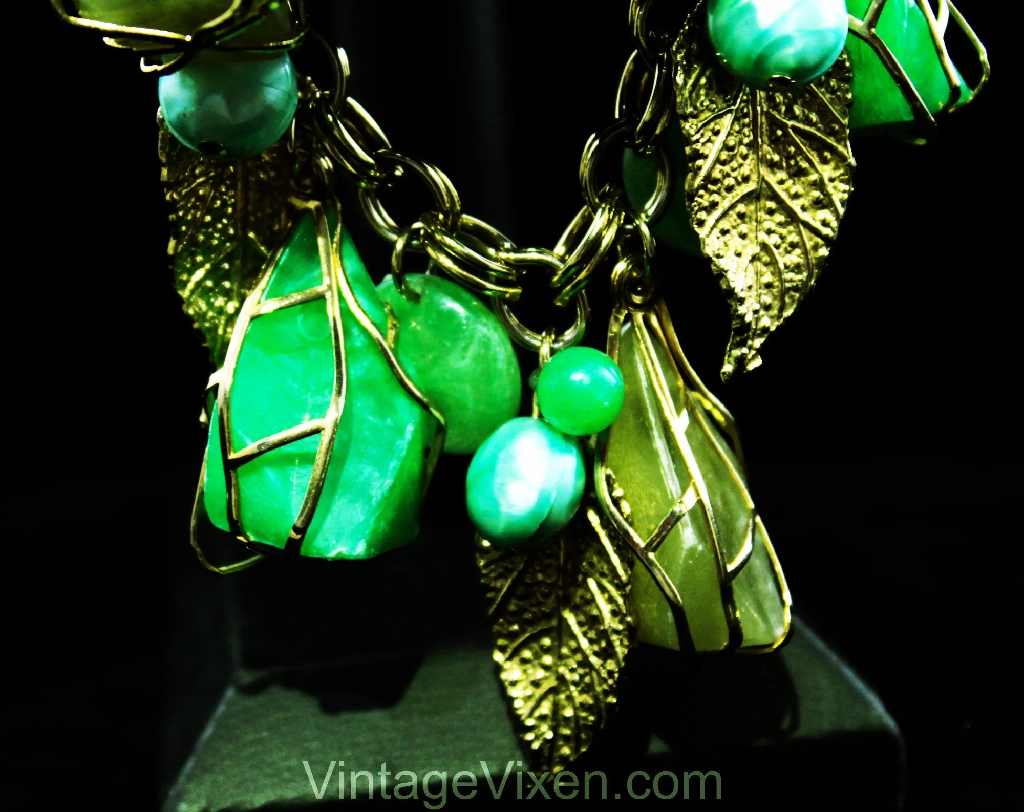 Terrific 1960s Green Charm Bracelet - Cage Style Beads & Jade Plastic Baubles - Goldtone Metal - Secretary Style - Chunky Metal 60s Fad