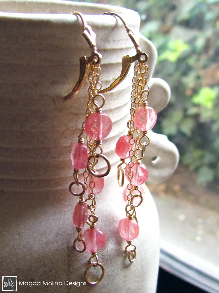 The Delicate Gold And Cherry Quartz Waterfall Earrings
