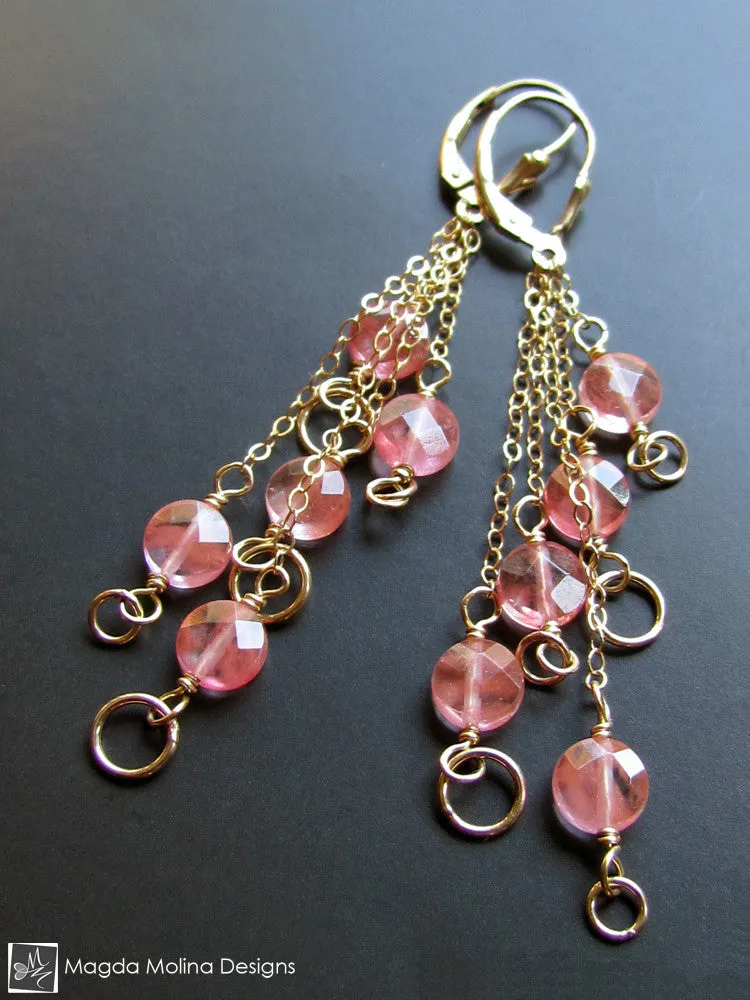 The Delicate Gold And Cherry Quartz Waterfall Earrings