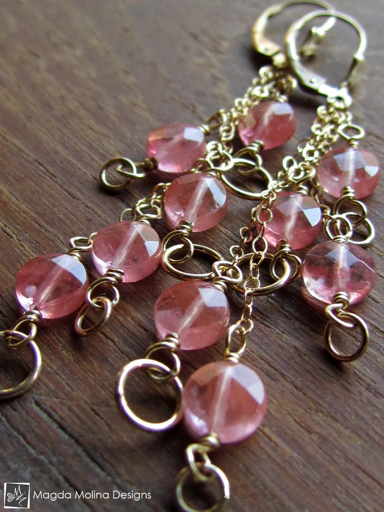 The Delicate Gold And Cherry Quartz Waterfall Earrings