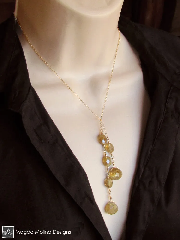 The Delicate Gold Chain Lariat With Rutilated Quartz Drops