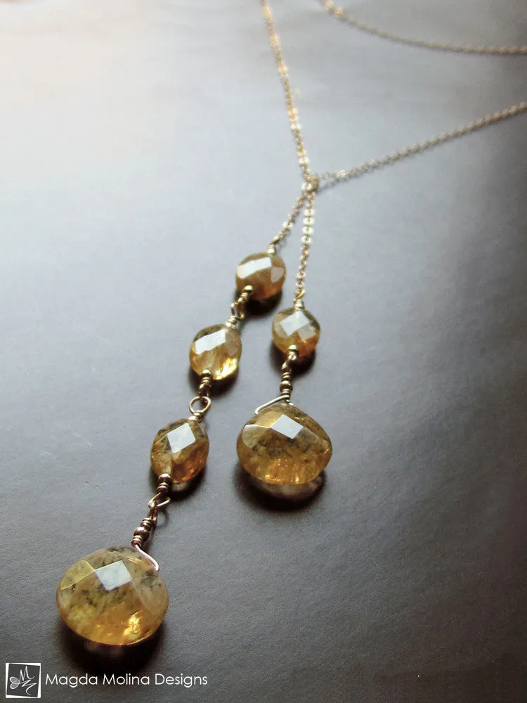 The Delicate Gold Chain Lariat With Rutilated Quartz Drops