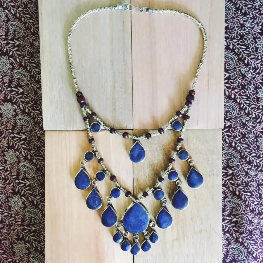 Two tier tribal lapis lazuli stone boho necklace