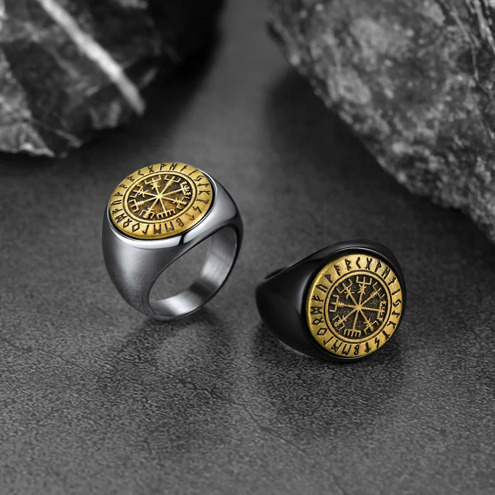 Viking Compass Vegvisir Ring with Runes For Men