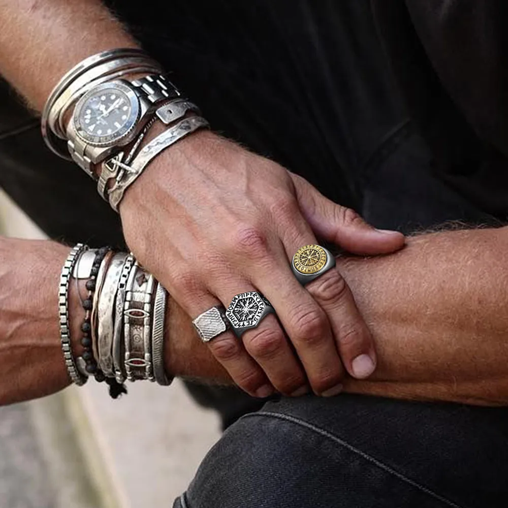 Viking Compass Vegvisir Ring with Runes For Men