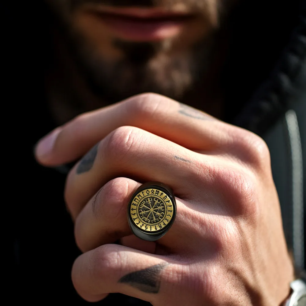 Viking Compass Vegvisir Ring with Runes For Men