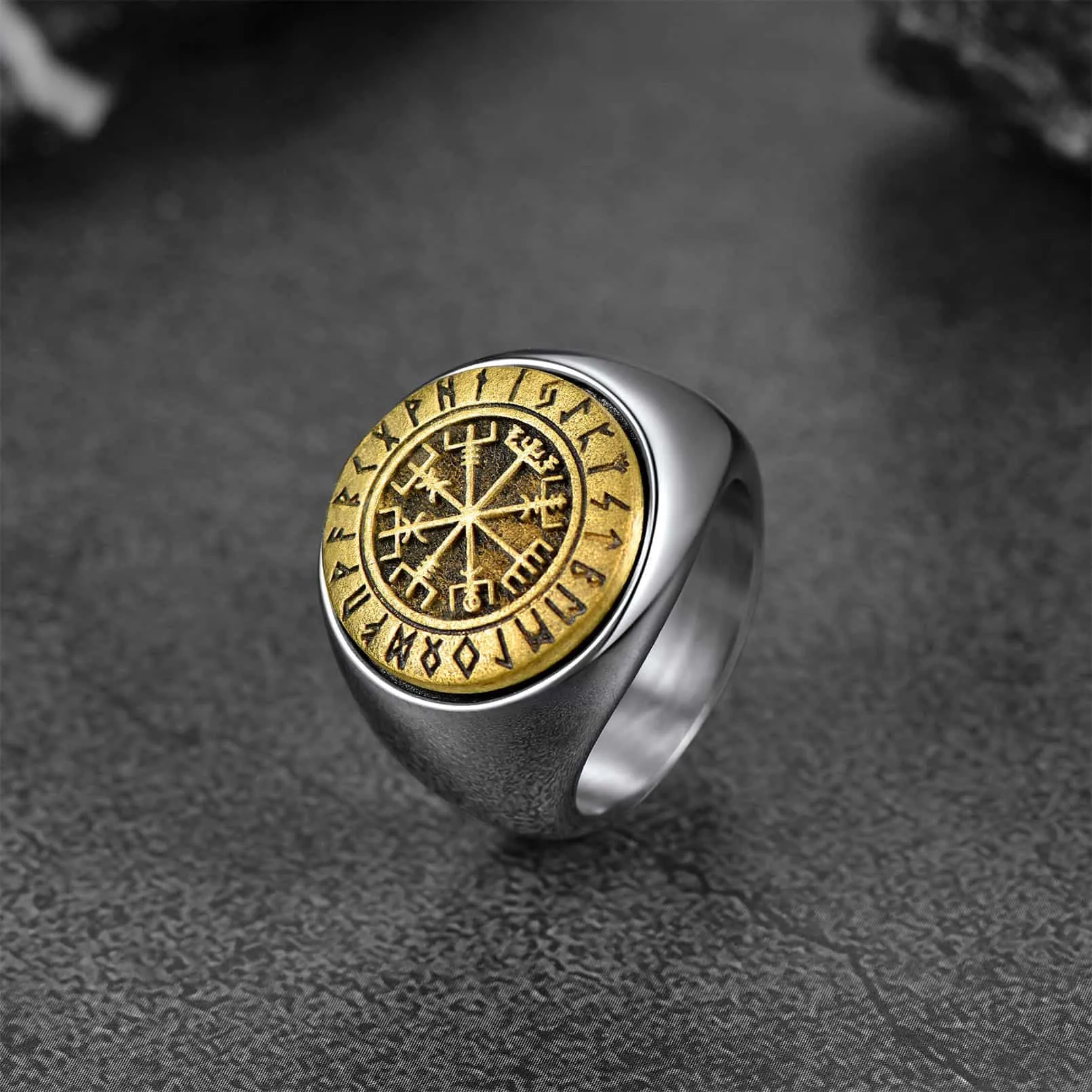 Viking Compass Vegvisir Ring with Runes For Men