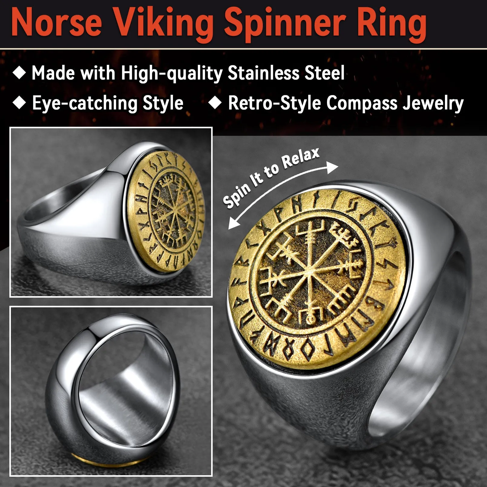 Viking Compass Vegvisir Ring with Runes For Men