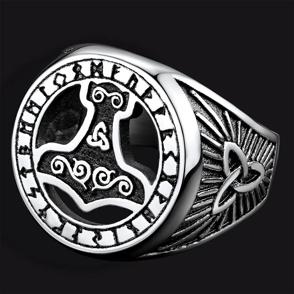 Viking Thor's Hammer Ring with Runes for Men