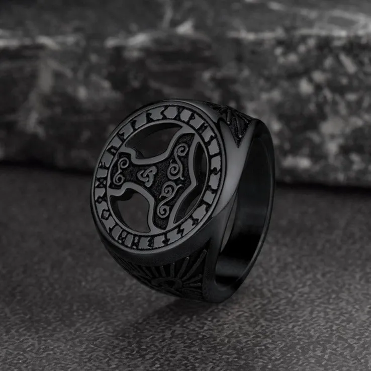 Viking Thor's Hammer Ring with Runes for Men
