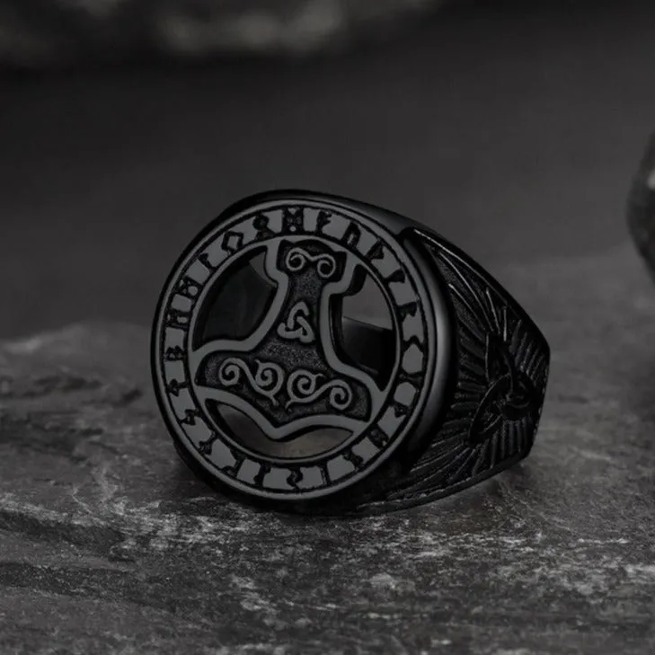 Viking Thor's Hammer Ring with Runes for Men