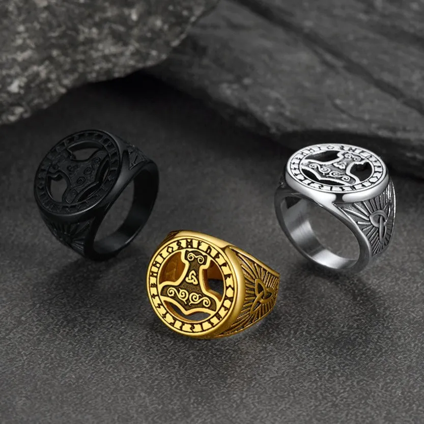 Viking Thor's Hammer Ring with Runes for Men
