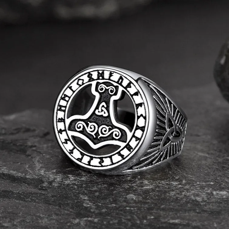 Viking Thor's Hammer Ring with Runes for Men