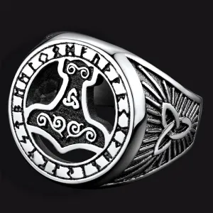 Viking Thor's Hammer Ring with Runes for Men