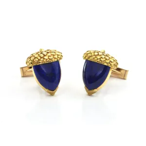 Vintage 14K Yellow Gold Lapis Lazuli Acorn Cufflinks
