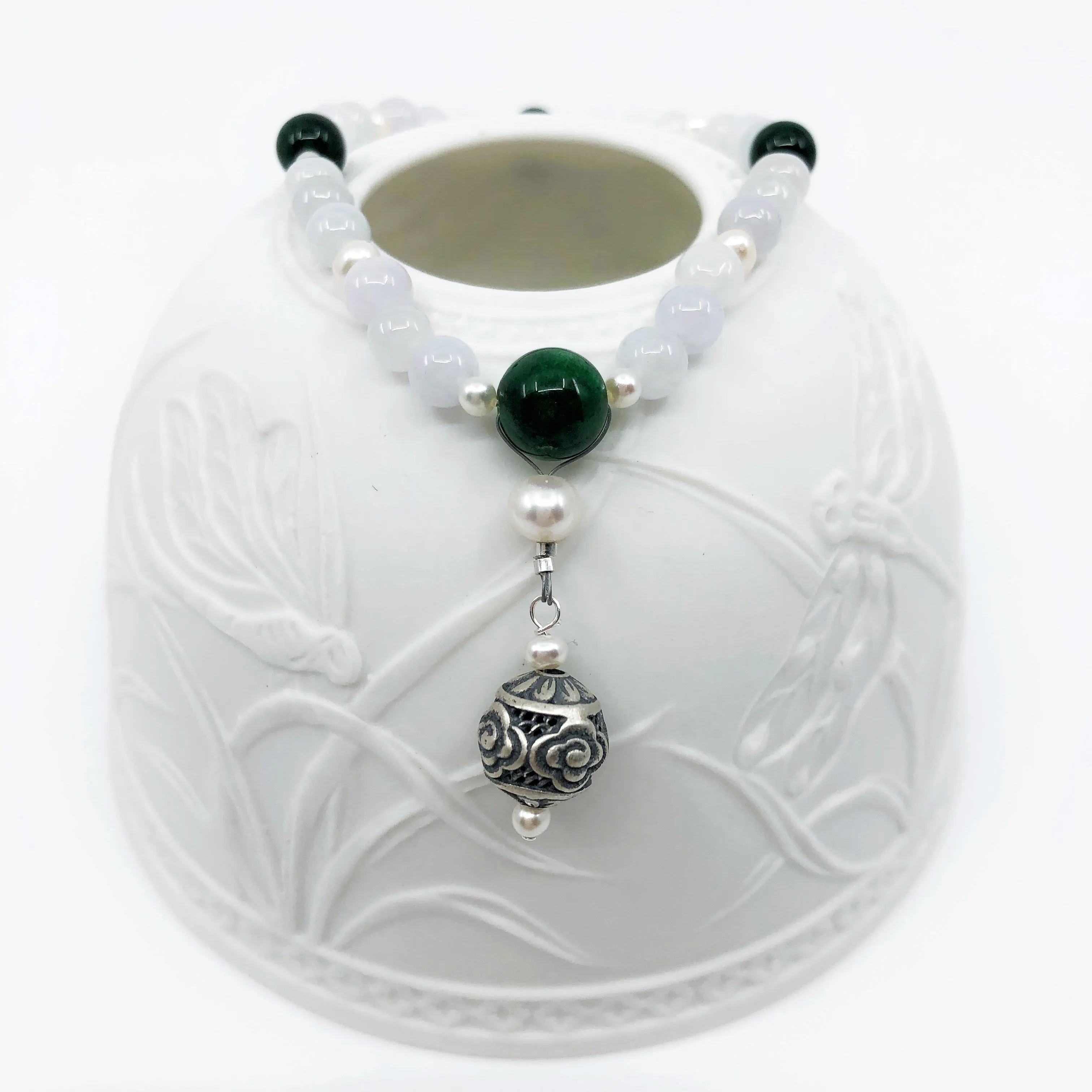 Vintage Beaded Jade and Pearl Bracelet 6mm