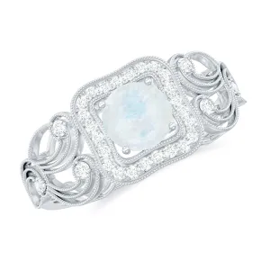Vintage Moonstone and Diamond Milgrain Engagement Ring
