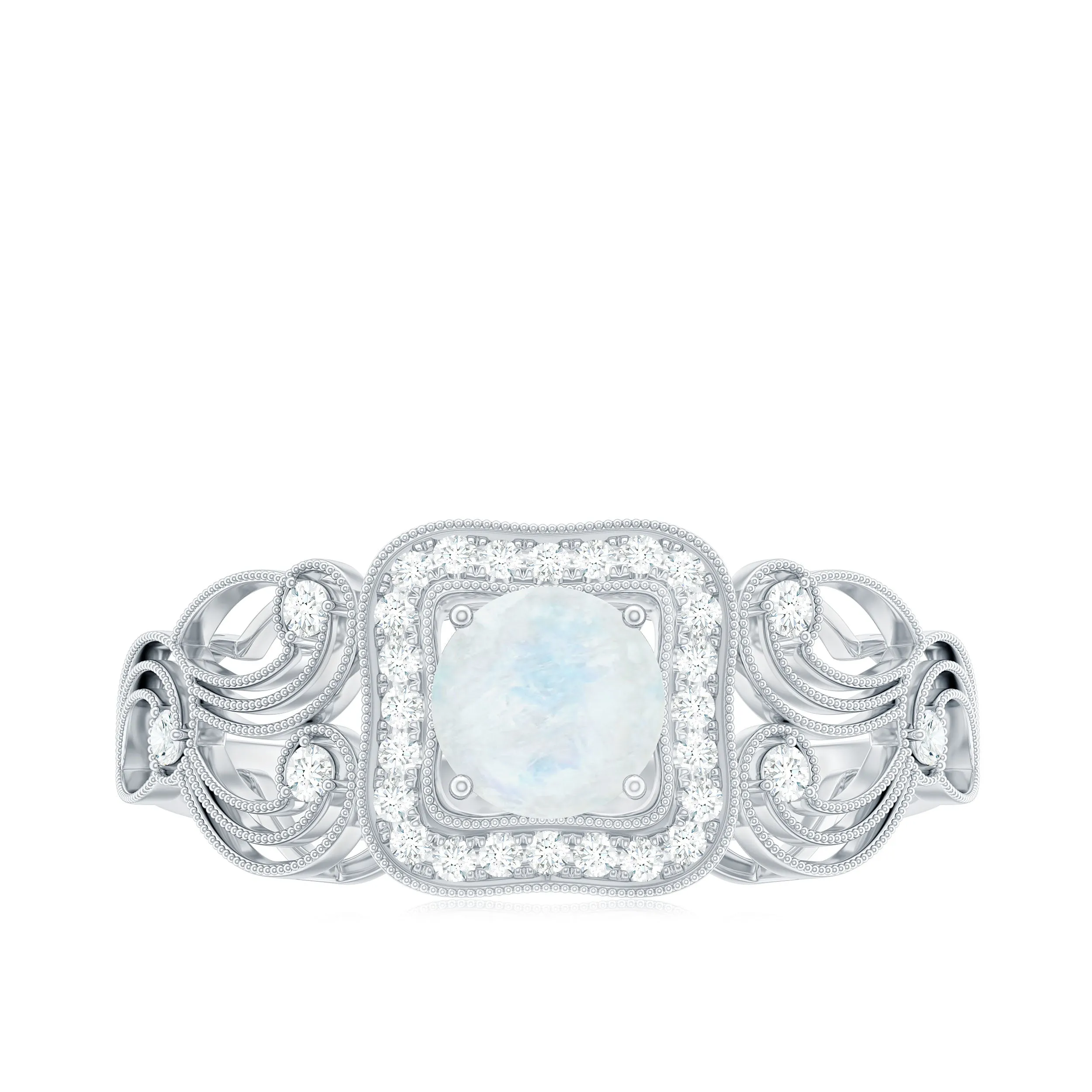 Vintage Moonstone and Diamond Milgrain Engagement Ring