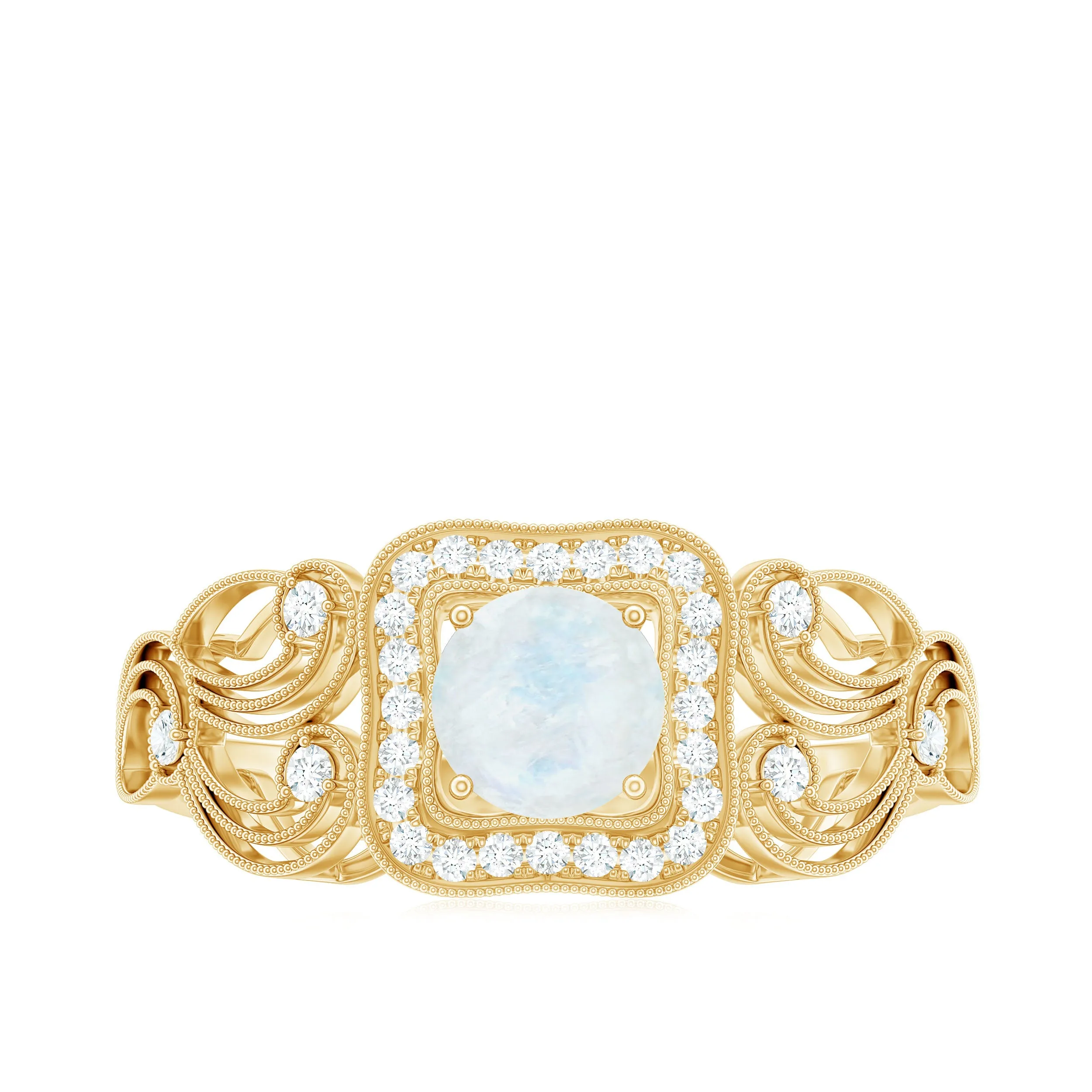 Vintage Moonstone and Diamond Milgrain Engagement Ring