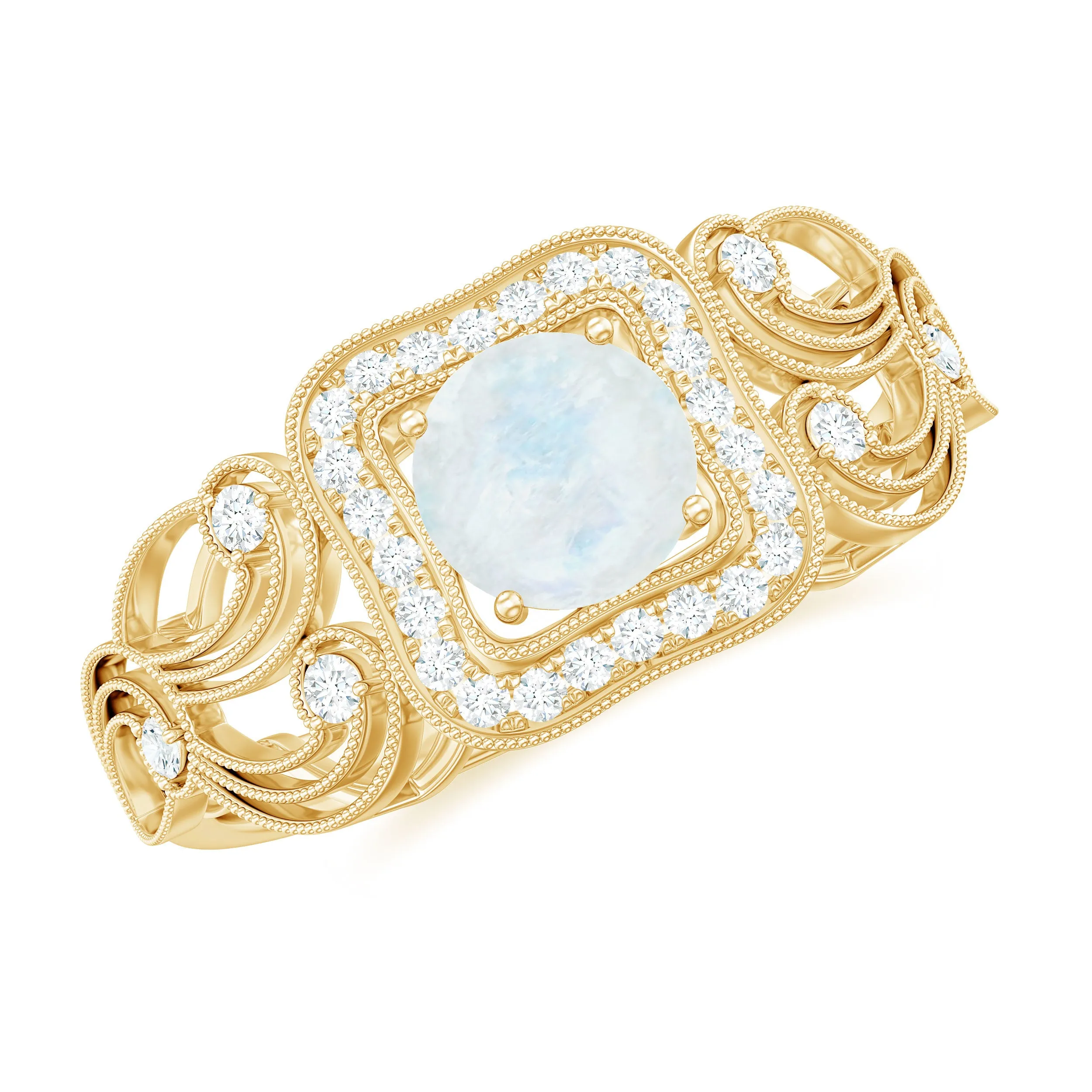 Vintage Moonstone and Diamond Milgrain Engagement Ring