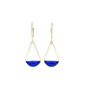 Yellow Gold Semi Circle Lapis Dangle Earrings (I7788)