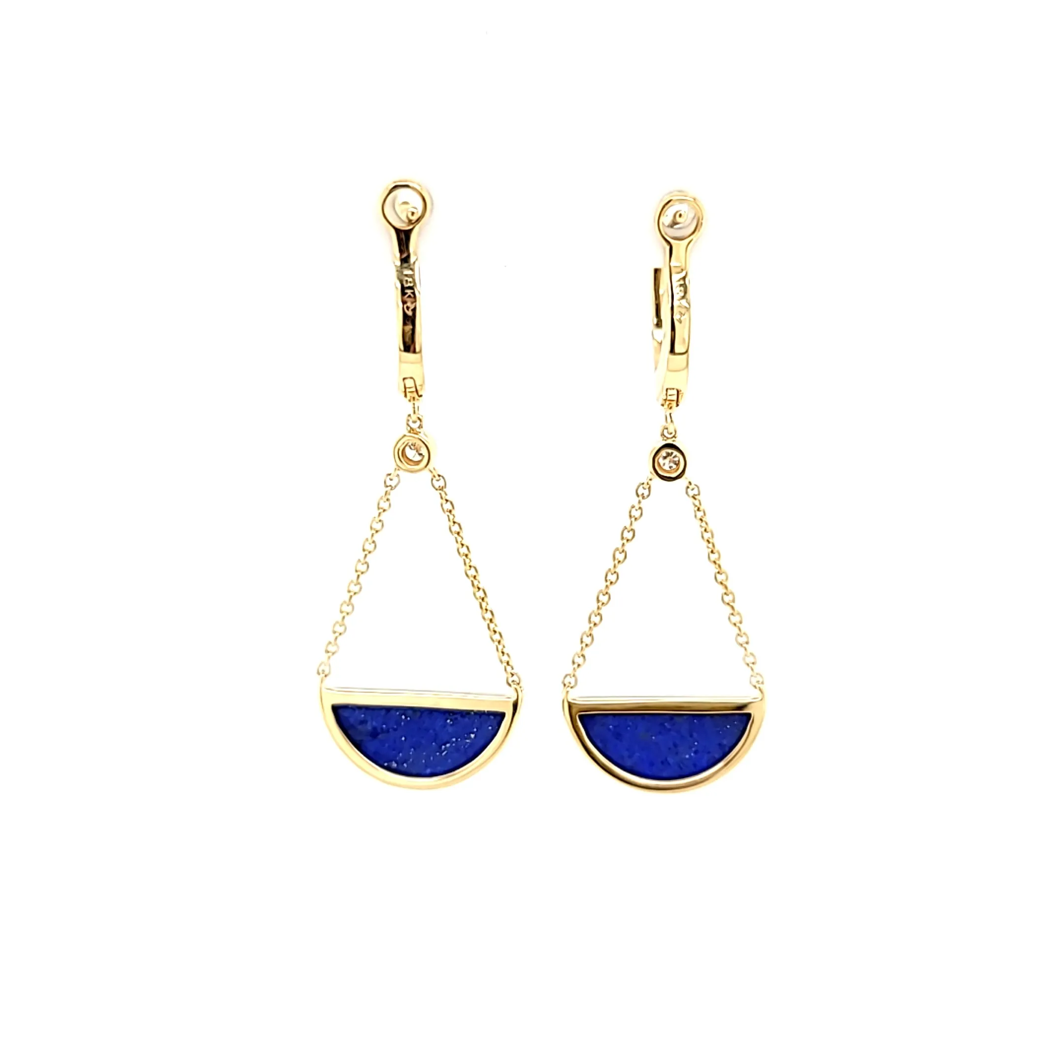 Yellow Gold Semi Circle Lapis Dangle Earrings (I7788)